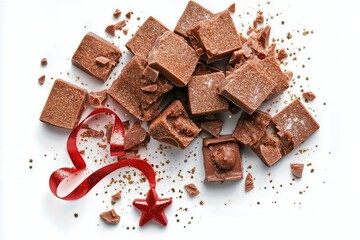 Fototapeta premium Heap of square milk chocolate or fudge pieces with crumbs and a red curly ribbon star on a white background.