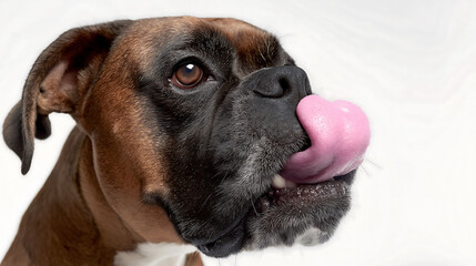 Close-up shot of a boxer dog licking a pink, heart-shaped meatball on a white background