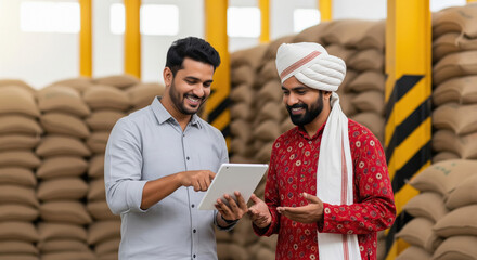 Indian Farmers Using Tablet in Grain Warehouse for Business