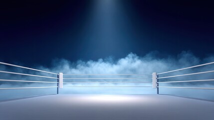 Dramatic Empty Boxing Ring with Spotlight and Fog Effect in a Dark Setting, Perfect for Sports, Competition, or Athletic Themes