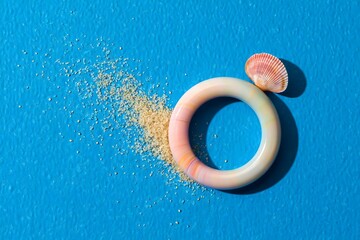 Abstract Still Life of Seashell, Bracelet, and Sand on Blue Background