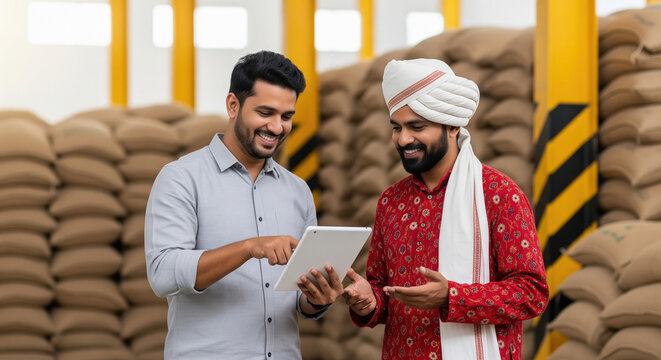 Indian Farmers Using Tablet in Grain Warehouse for Business
