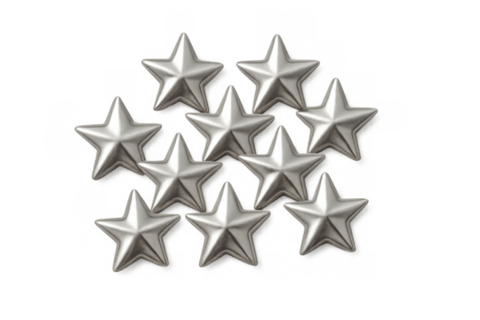 Silver 3d stars representing top rating, excellence, premium quality, success, and achievement with transparent background