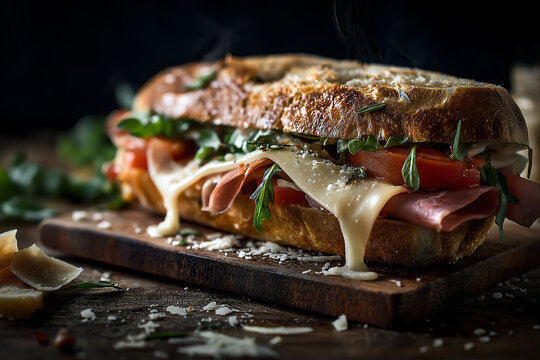 Rustic Italian sandwich with melted provolone, prosciutto, tomato, and basil on golden bread