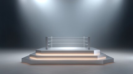 Empty boxing ring on a spotlight stage with foggy background creating a dramatic atmosphere for sports events or competitions in modern arenas.