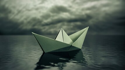 Obraz premium Paper boat floating on dark water with stormy sky 