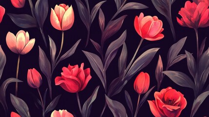 Elegant Floral Tapestry: Crimson Tulips and Graphite Foliage on Deep Indigo Ground