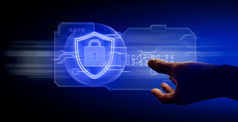 hand of businessman interactive touching a holographic anti-virus security shield system network and technology, success of innovation