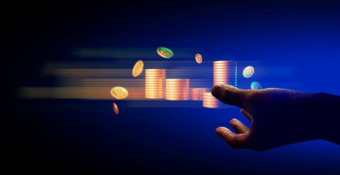 hand of businessman interactive touching a holographic financial money dollar system network and technology, success of trading innovation