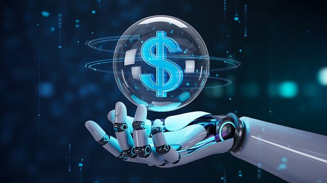 Robot hand holding digital dollar symbol in futuristic scene
