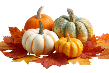 Autumnal Harvest: A vibrant assortment of pumpkins, each boasting unique colors and shapes, rests upon a bed of colorful autumn leaves, evoking the essence of fall.