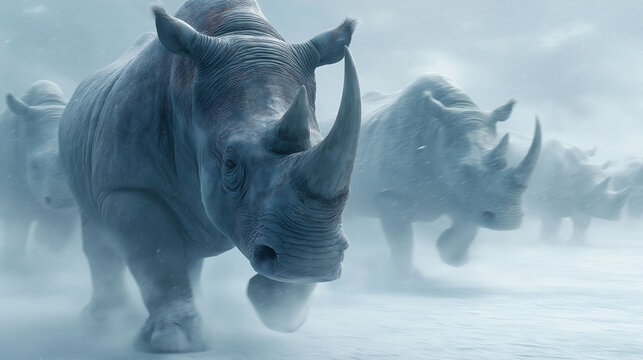 Ancient rhinoceros herd braving brutal winds on frozen prehistoric plain, in ultra-realistic documentary style