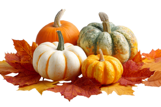 Autumnal Harvest: A vibrant assortment of pumpkins, each boasting unique colors and shapes, rests upon a bed of colorful autumn leaves, evoking the essence of fall.