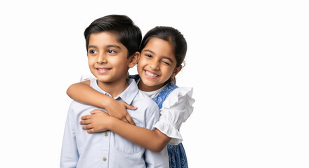 Obraz premium Happy Indian Siblings Embrace Playfully on White Background