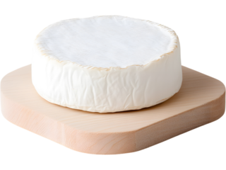 Round cheese on wooden board isolated on transparent background. Ideal for dairy, gourmet, and kitchen visuals.
