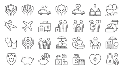 Insurance and protection line art icons isolated on a transparent background