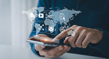 Affiliate marketing strategy online business digital marketing mobile advertising social media growth concept