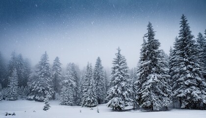 Naklejka premium Snow Falling On Snow Covered Evergreen Trees In A Misty Forest Snowfall Winter