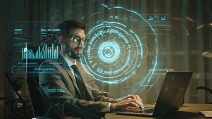 Man sits desk modern office multiple computer monitors screens, code reflected his eyes code data, focused cybersecurity technology operations, working dark room world map - Powered by Adobe