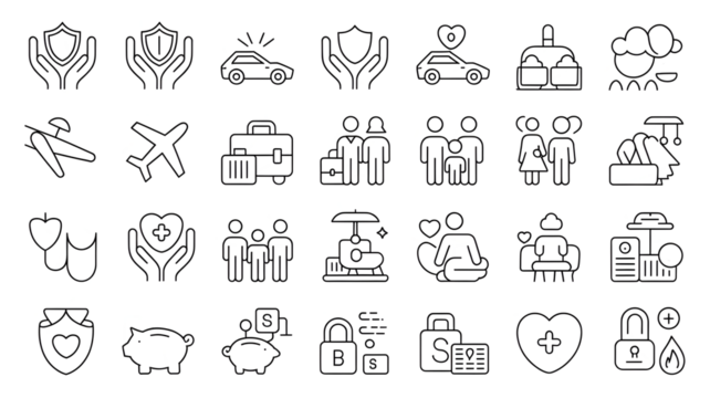 Insurance and protection line art icons isolated on a transparent background