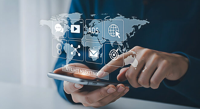 Affiliate marketing strategy online business digital marketing mobile advertising social media growth concept