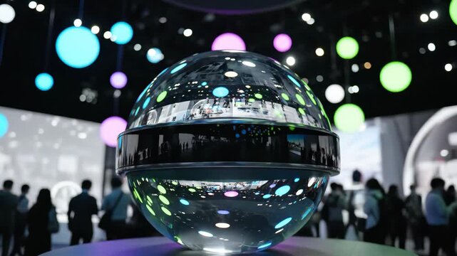 See the future of technology unfold in this mesmerizing display of light and form at the innovation expo with attendees exploring the event space