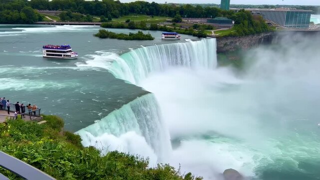 A majestic waterfall cascades over a cliff, with boat tours below