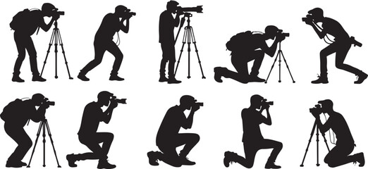 Silhouette of photographers in various poses with cameras and tripods