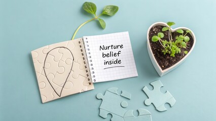 Sprout growing from a puzzle heart symbol and notebook