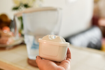 A hand holds a plastic water filter cartridge for a water pitcher, with the blurred pitcher visible in the background.
