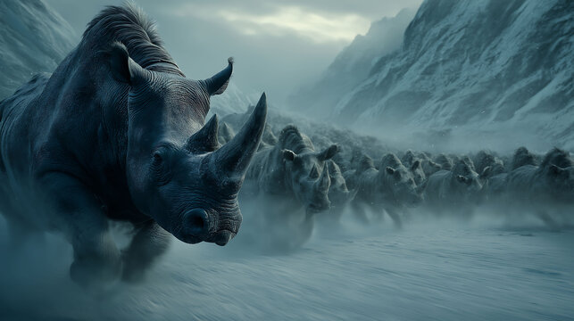 A realistic depiction of an ancient rhinoceros herd braving brutal winds on a frozen prehistoric plain