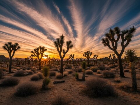 Joshua Trees at Sunset with Dramatic Star Trails