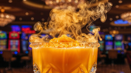 Fototapeta premium Golden Frozen Cocktail with Sugared Rim and Smoking Dry Ice in Luxury Casino Bar Setting