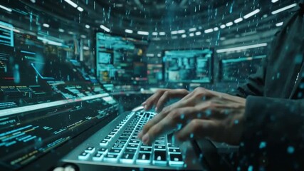 Close up of hands typing on a keyboard with futuristic digital data streams code overlay high tech and cybernetic technology and programming concepts Internet information technology program code - Powered by Adobe