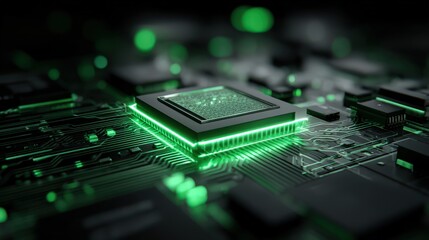 Fototapeta premium Integrated circuit board glows with vibrant green illumination depicting advanced computing technology