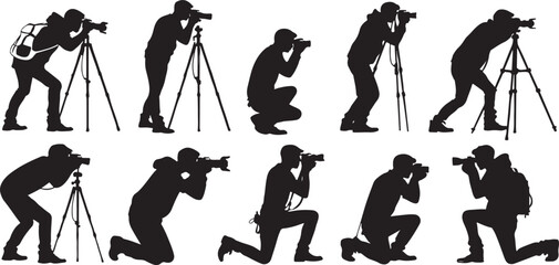 Silhouette of photographers in various poses with cameras and tripods