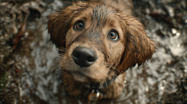 A surprised Golden Retriever jumps into a muddy puddle in a messy backyard scene