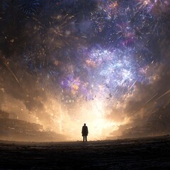 A silhouetted figure stands against a vibrant display of fireworks and explosions, creating a dramatic and awe-inspiring atmosphere.
