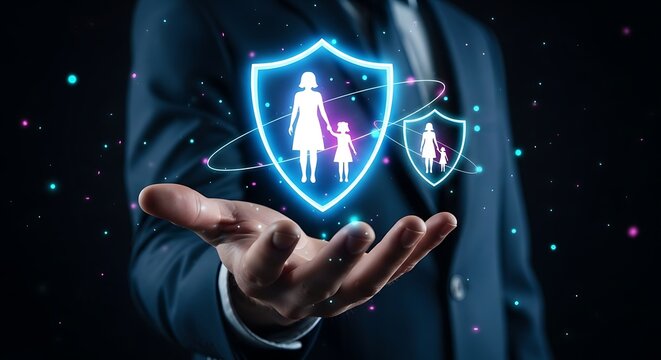 Digital shield of family protection and security offered by a caring hand