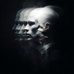 An abstract portrayal of multiple faceless figures merging together, evoking themes of identity and motion against a dark background.