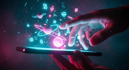 Futuristic digital universe emerges from a smartphone with glowing neon symbols