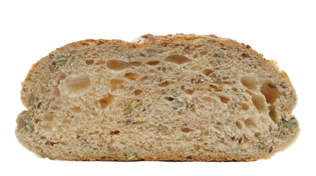Fresh baked, slice of integral wheat bread, loaf with pumpkin, linseed, sunflower seeds and oatmeal isolated on white background, side view, clipping path