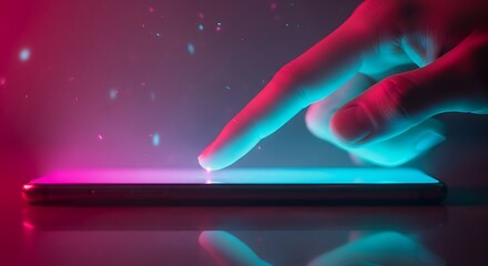 Fingertip interacting with a glowing smartphone screen under vibrant neon lights