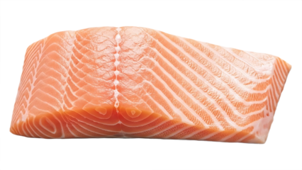 A close up view of a fresh raw salmon fillet showing the texture and marbling of the fish meat