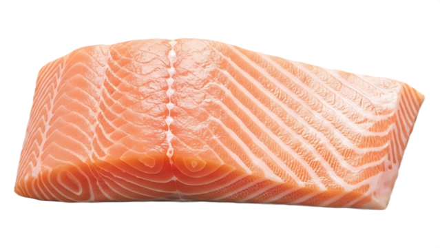 A close up view of a fresh raw salmon fillet showing the texture and marbling of the fish meat
