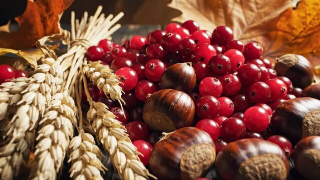 Rustic Autumn Still Life with Cranberries and Chestnuts - A flat lay presents a bountiful autumn scene, featuring ripe red cranberries, chestnuts, and a bundle of golden wheat.