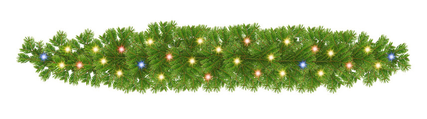 Horizontal Christmas garland with pine cones, fir branches, holly berries, glowing lights, and balls. Perfect for holiday banners, cards, and transparent background  © Birol Dincer 