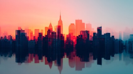 Fototapeta premium A vibrant city skyline at sunset, showcasing buildings silhouetted against a colorful gradient sky.