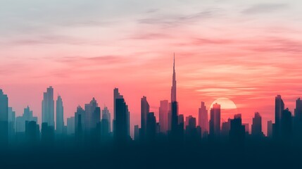 Fototapeta premium A vibrant city skyline at sunset, showcasing tall buildings and a distinct tower against a colorful sky.