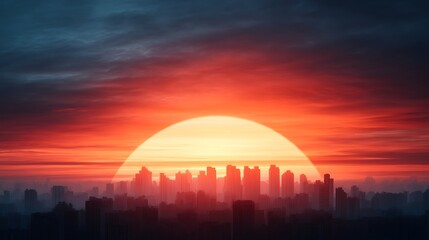 Obraz premium A stunning sunset over a city skyline, casting vibrant orange and red hues across the sky, creating a dramatic and picturesque scene.